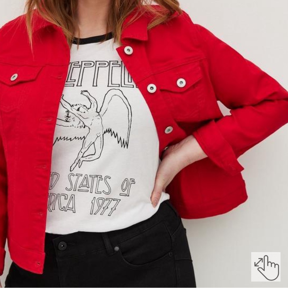 TORRID 1X RED DENIM PUFF SLEEVE TRUCKER JACKET